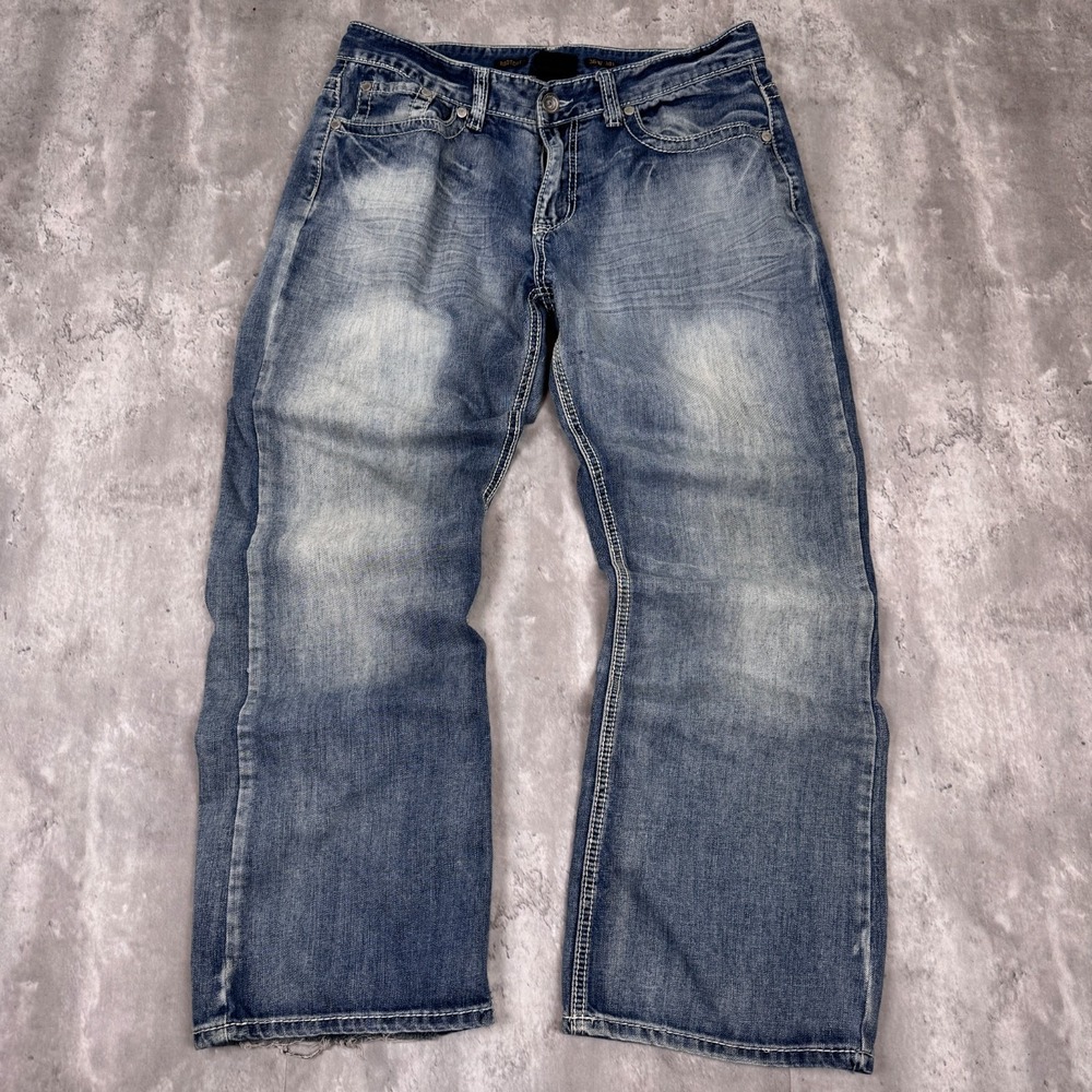 Helix Jeans Mens 36x30 Blue Bootcut Relaxed Cross Pocket Denim Distressed Stitch